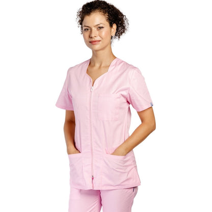 Costum medical personalizat prin broderie, cu elastan, bluza cu fermoar cambrata, trei buzunare aplicate si pantaloni cu snur