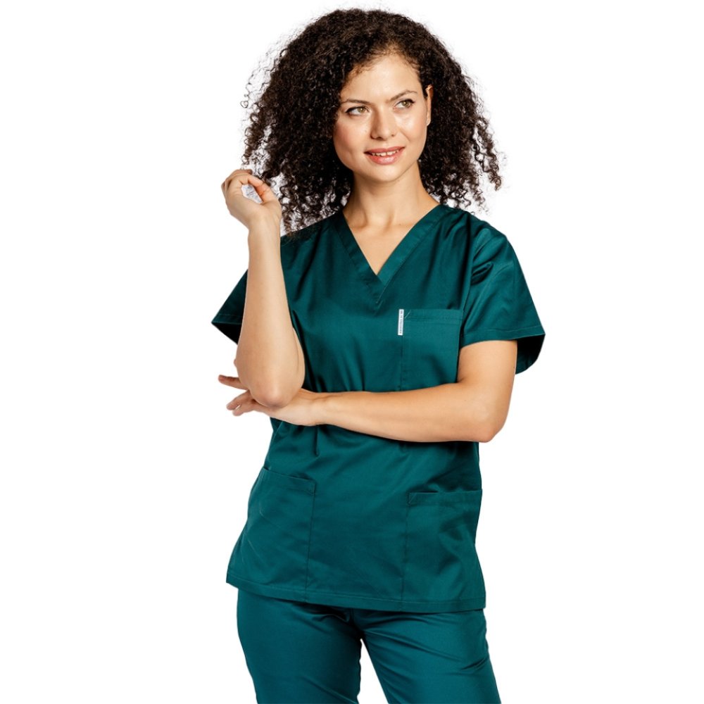 Halat medical personalizat prin broderie cu anchior in forma V cu trei buzunare aplicate