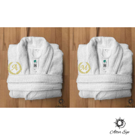Set halate de baie premium personalizate cu initiala si nume cuplu unisex