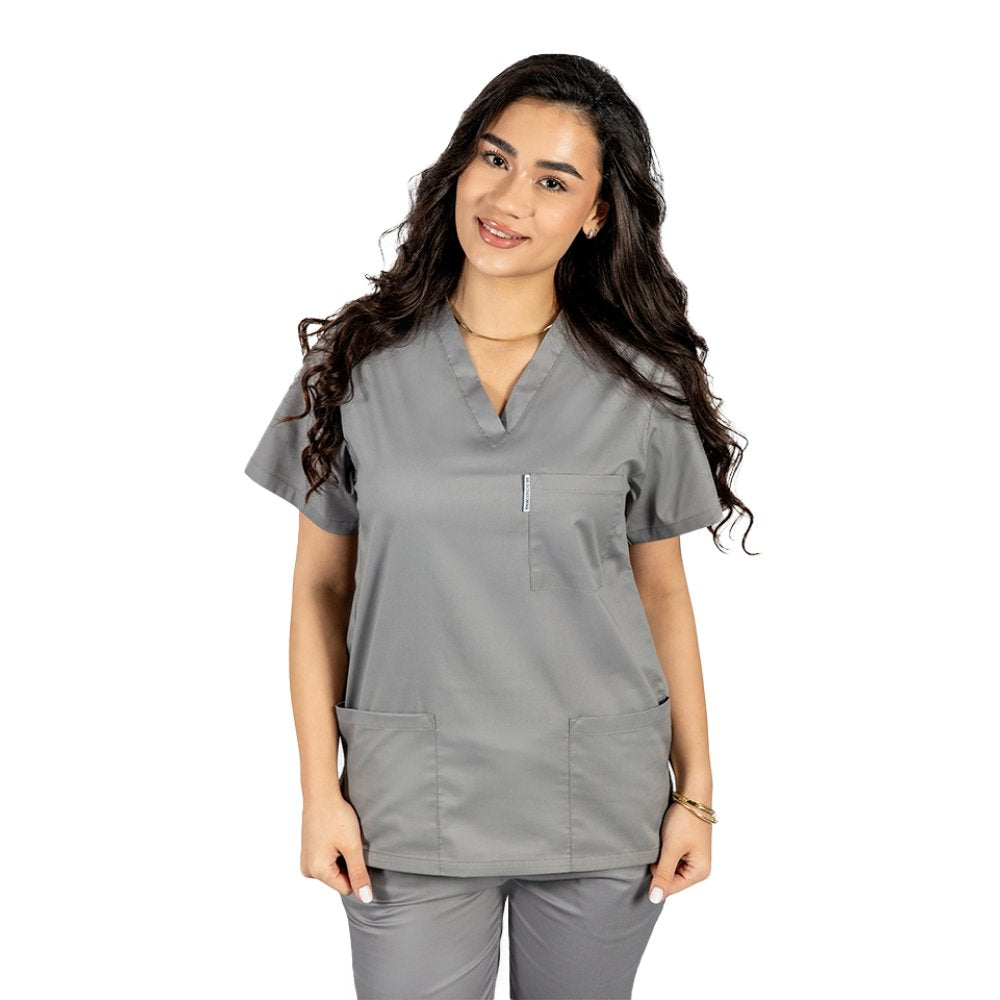 Halat medical personalizat prin broderie cu anchior in forma V cu trei buzunare aplicate