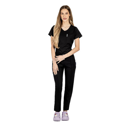 Costum medical personalizat prin broderie stretch negru cu bluza in V si pantaloni cu snur si elastic