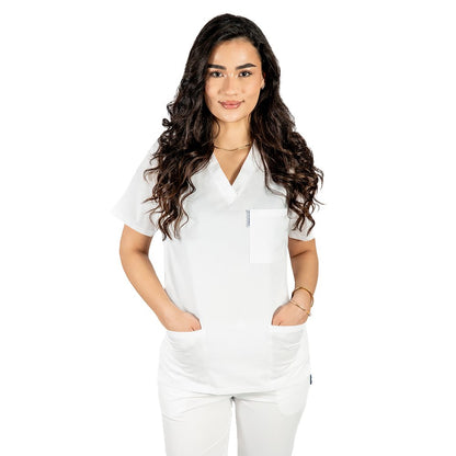 Halat medical personalizat prin broderie cu anchior in forma V cu trei buzunare aplicate