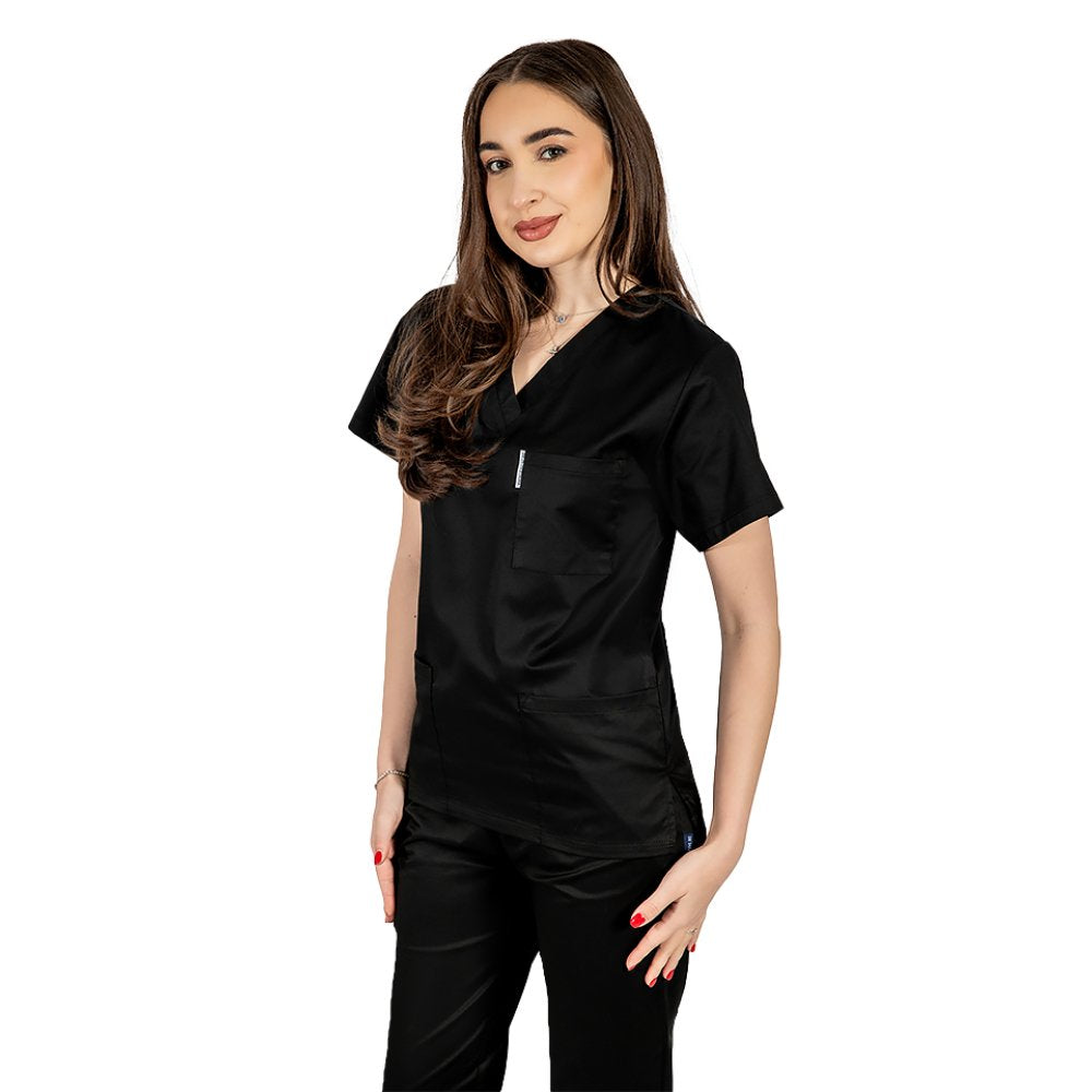 Halat medical personalizat prin broderie cu anchior in forma V cu trei buzunare aplicate