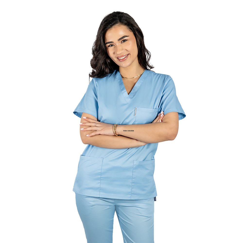Halat medical personalizat prin broderie cu anchior in forma V cu trei buzunare aplicate