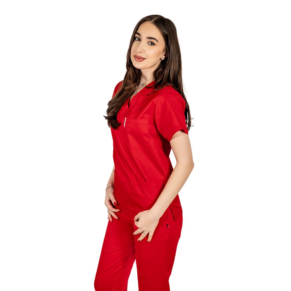 Halat medical personalizat prin broderie cu anchior in forma V cu trei buzunare aplicate