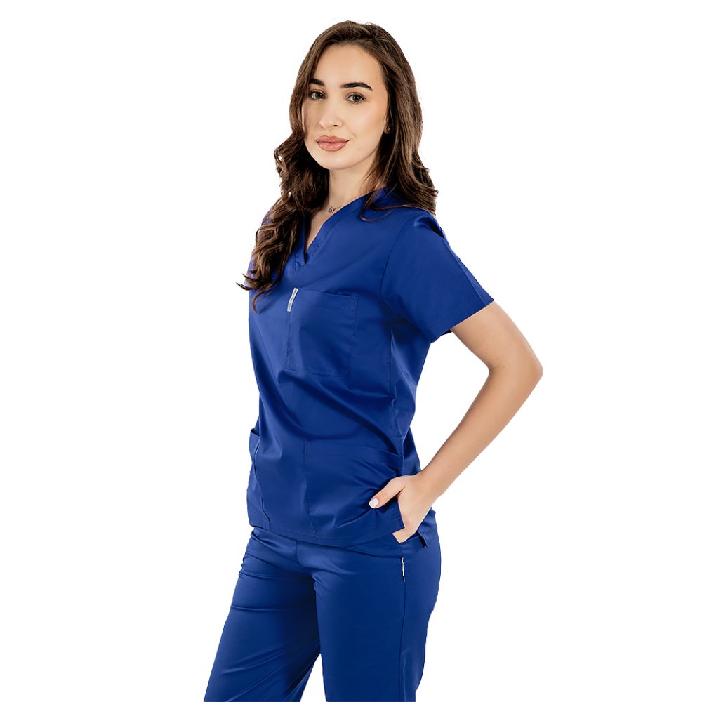 Halat medical personalizat prin broderie cu anchior in forma V cu trei buzunare aplicate