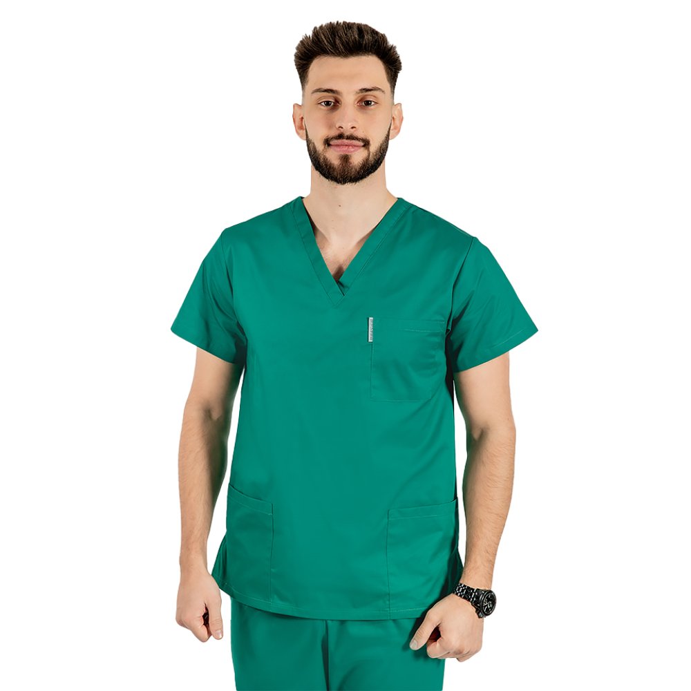 Halat medical personalizat prin broderie barbati  cu anchior in forma V si trei buzunare aplicate