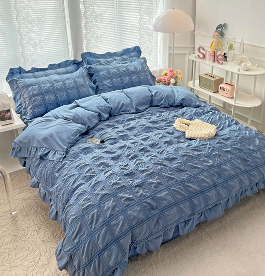 Lenjerie pat dublu, Creponata Cu Volanase Deluxe, 6 piese