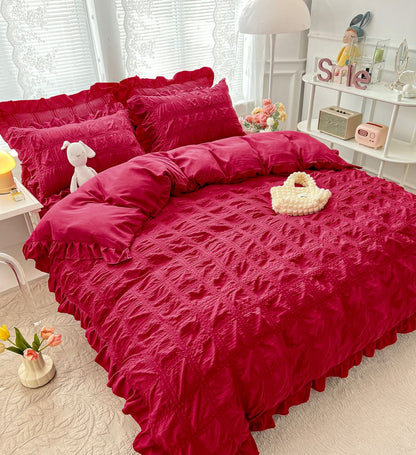 Lenjerie pat dublu, Creponata Cu Volanase Deluxe, 6 piese