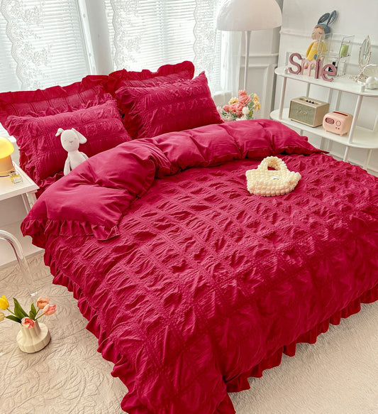 Lenjerie pat dublu, Creponata Cu Volanase Deluxe, 6 piese