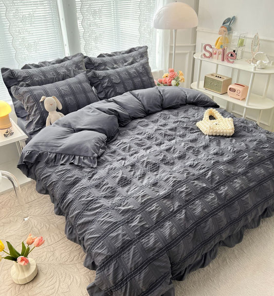 Lenjerie pat dublu, Creponata Cu Volanase Deluxe, 6 piese