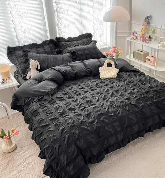 Lenjerie pat dublu, Creponata Cu Volanase Deluxe, 6 piese