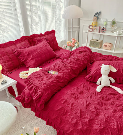Lenjerie pat dublu, Creponata Cu Volanase Deluxe, 6 piese