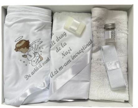 Trusou de botez, 6 piese cu Ingeras - Alb
